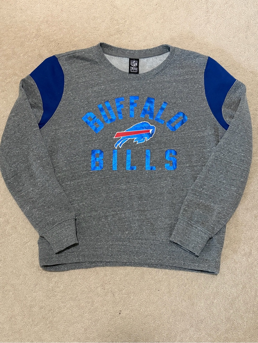 NFL Buffalo Bills Women’s  Gray Crewneck with Blue Shoulder Panels and Logo